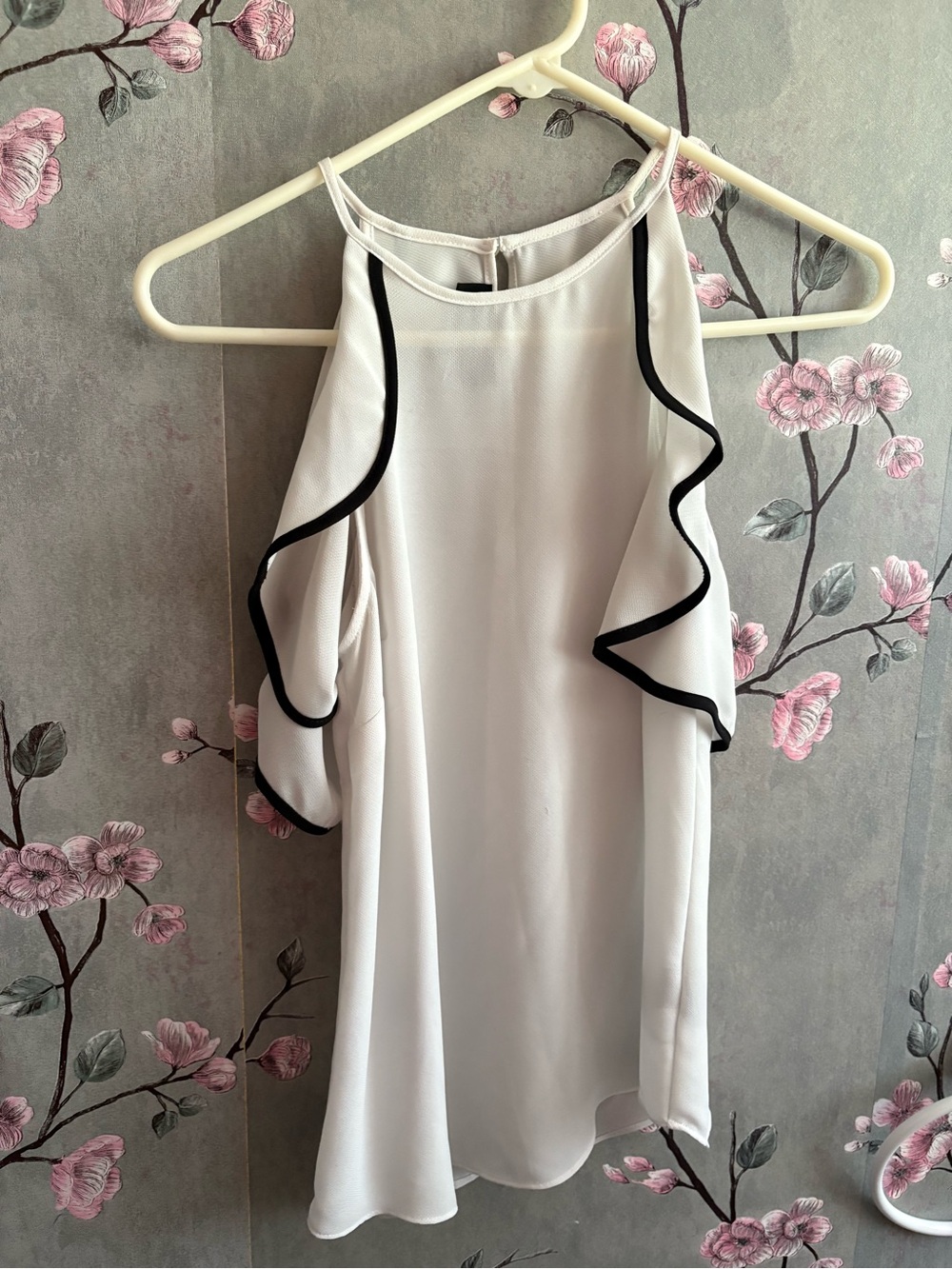 BCX White Halter Cold-Shoulder Ruffle Top with Black Trim